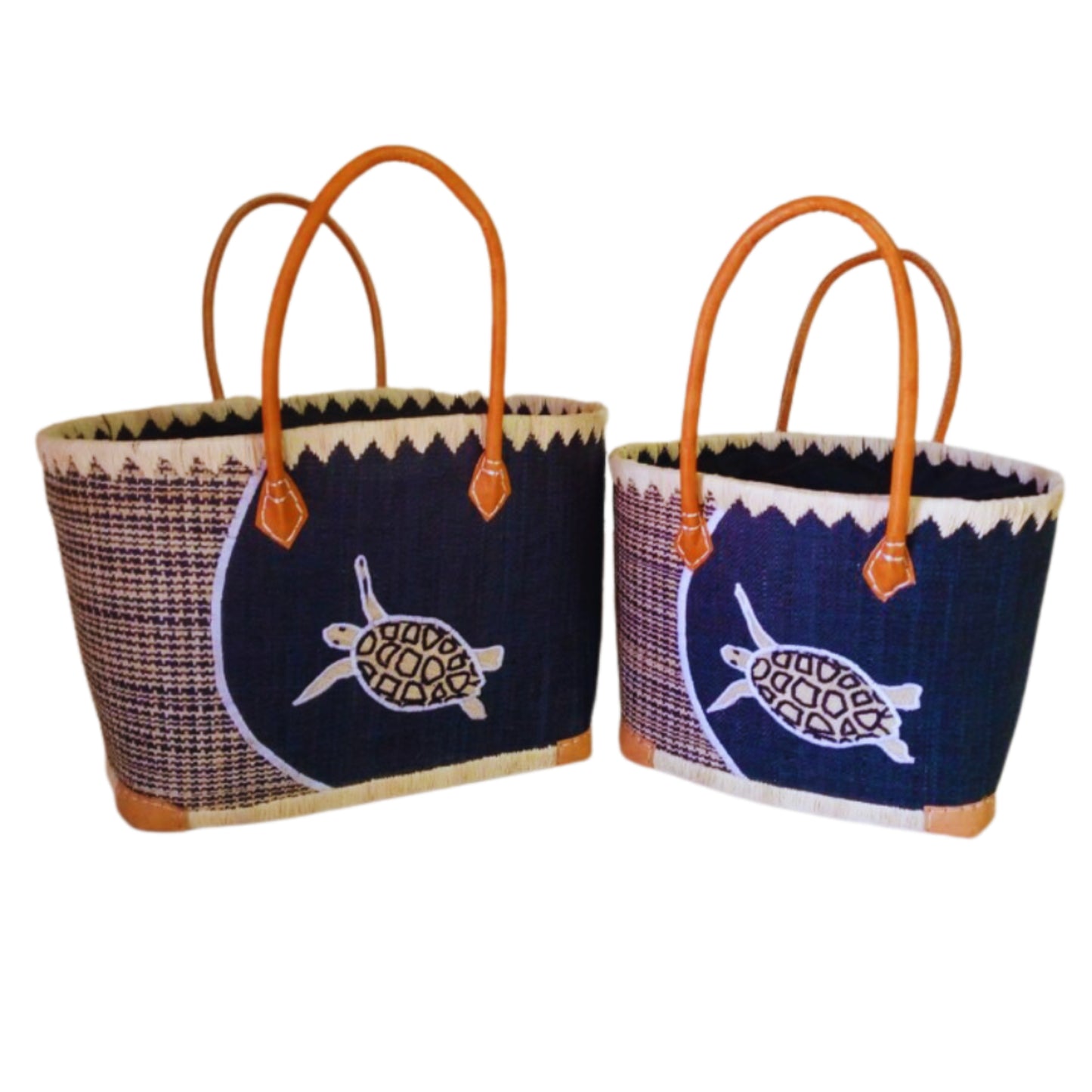 NatsNco handmade raffia women, australian animals, embroidery,turtle basket and leather handle & drawstring closure. Made in Madagascar