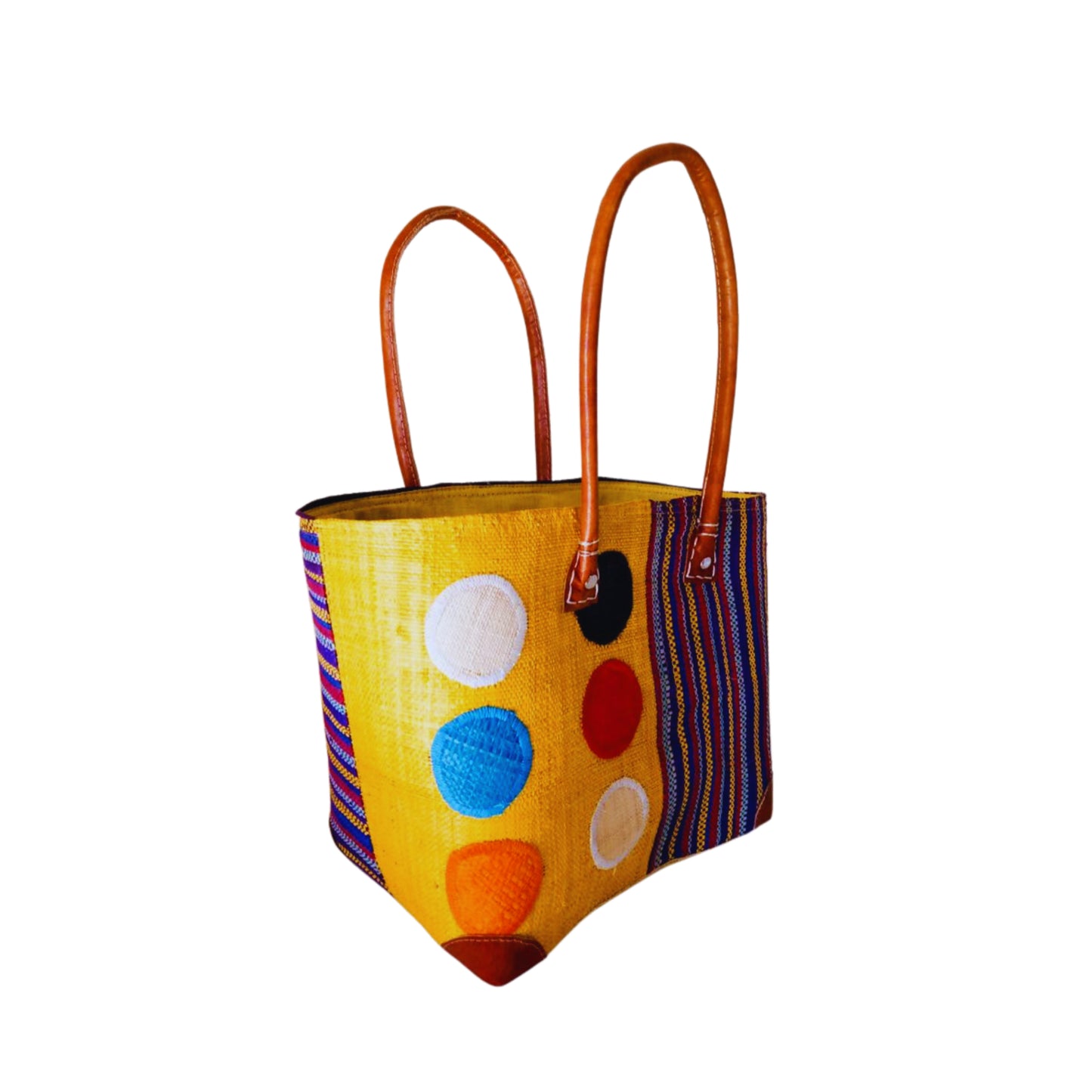 NatsNco handmade raffia, women,yellow basket with polka dots and stripes embroidery and leather handle & drawstring closure. Made in Madagascar