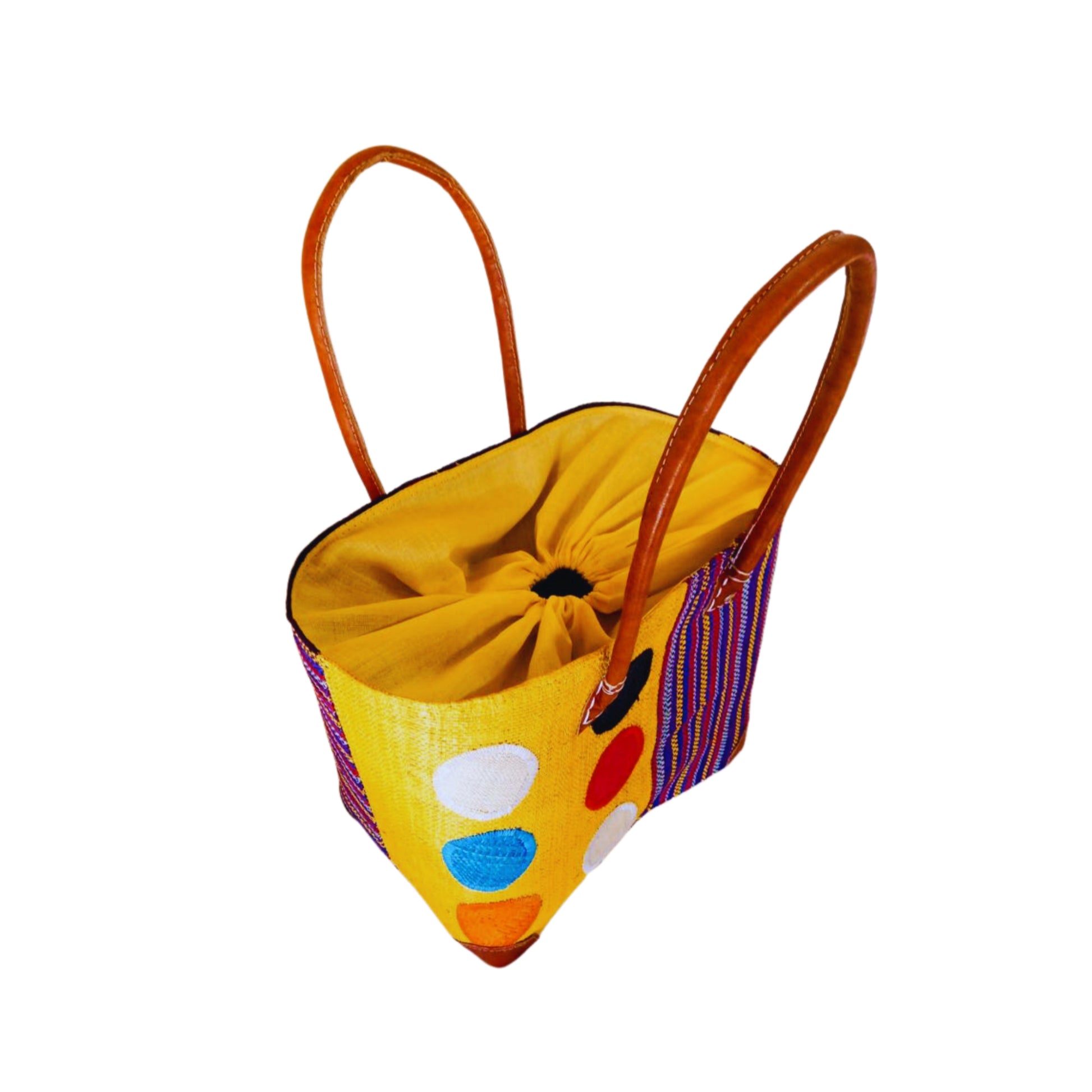 NatsNco handmade raffia, women,yellow basket with polka dots and stripes embroidery and leather handle & drawstring closure. Made in Madagascar