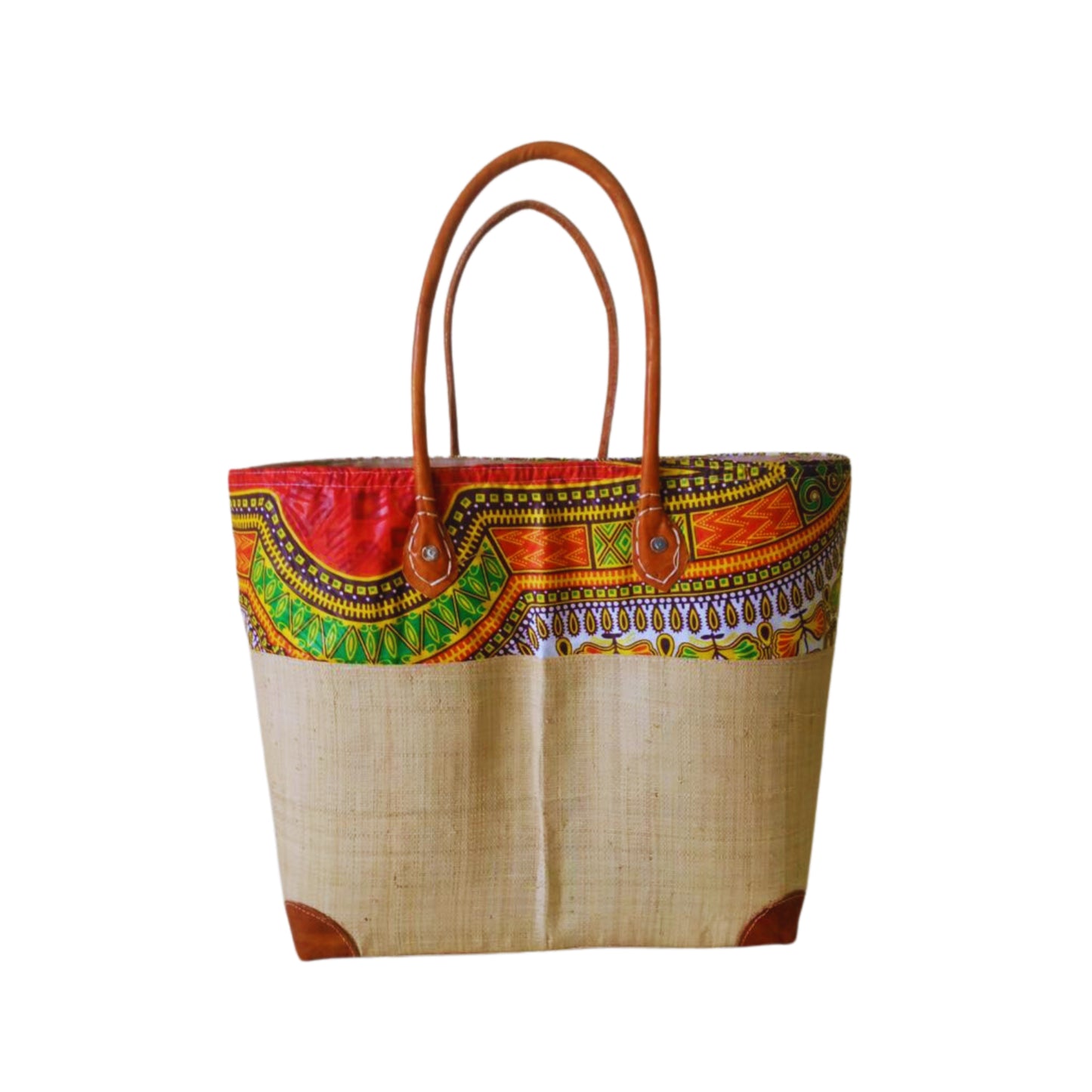 NatsNco handmade raffia women beige basket with motifs and leather handle and drawstring for closure. Made in Madagascar