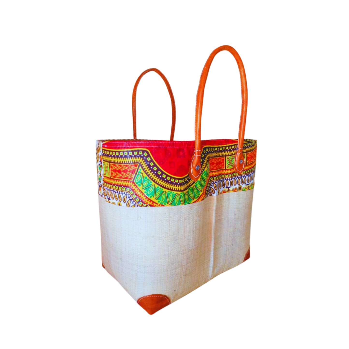 NatsNco handmade raffia women beige basket with motifs and leather handle and drawstring for closure. Made in Madagascar