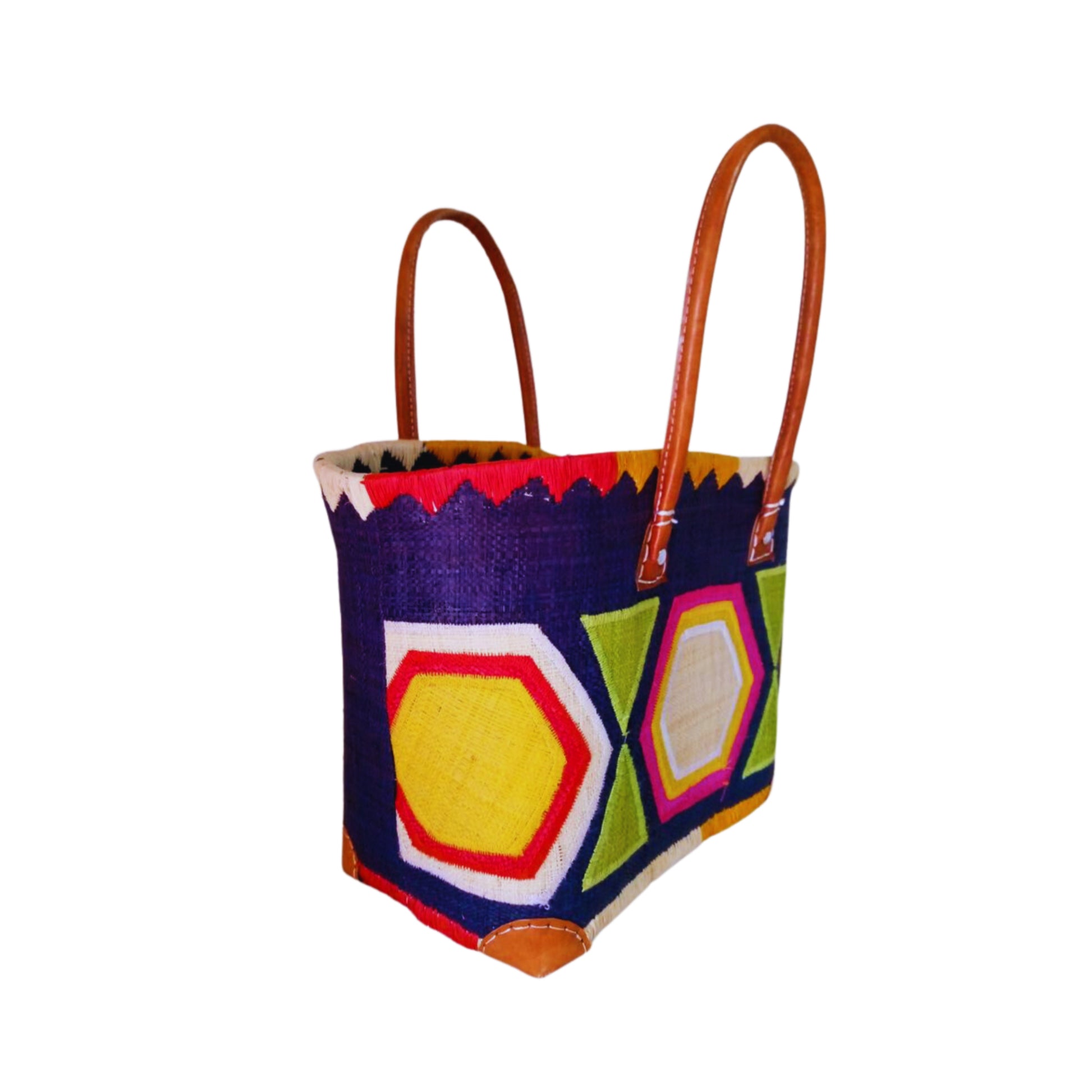 NatsNco handmade raffia, women,navy blue basket with hexagonal embroidery and leather handle & drawstring closure. Made in Madagascar