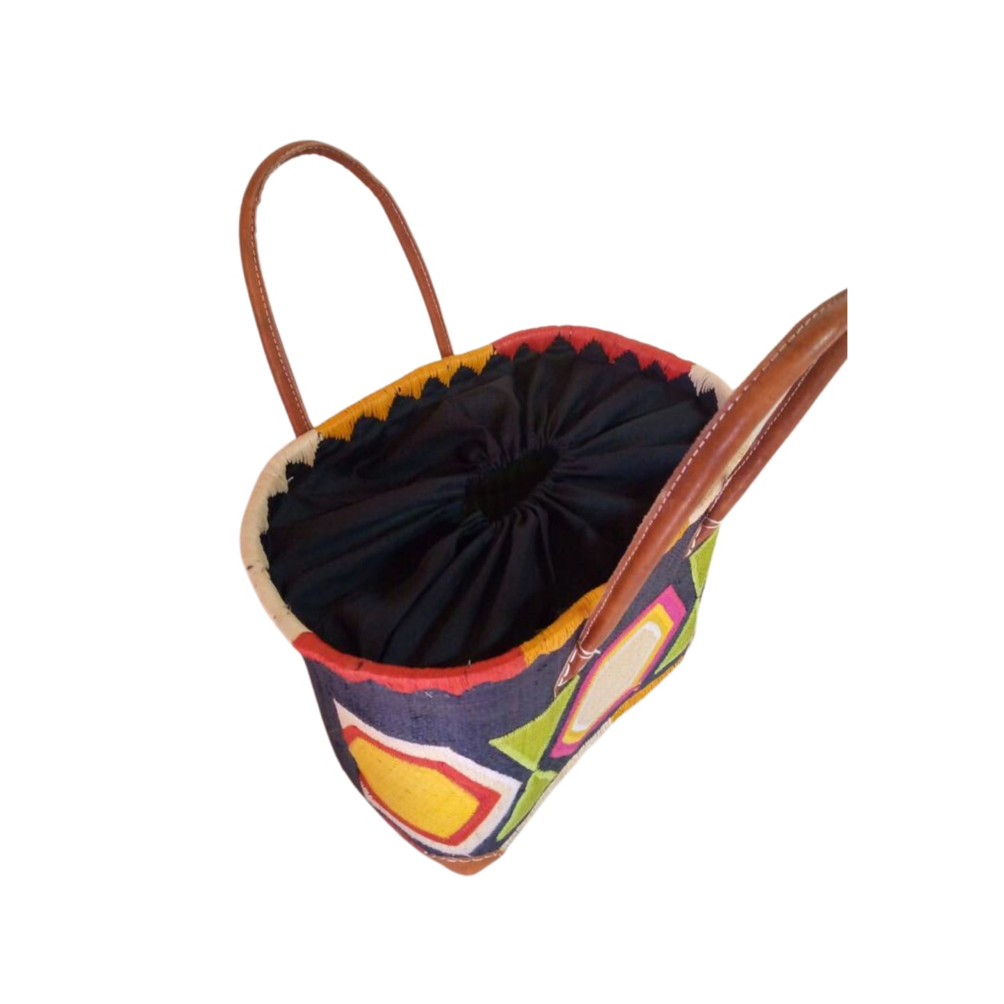 NatsNco handmade raffia, women,navy blue basket with hexagonal embroidery and leather handle & drawstring closure. Made in Madagascar