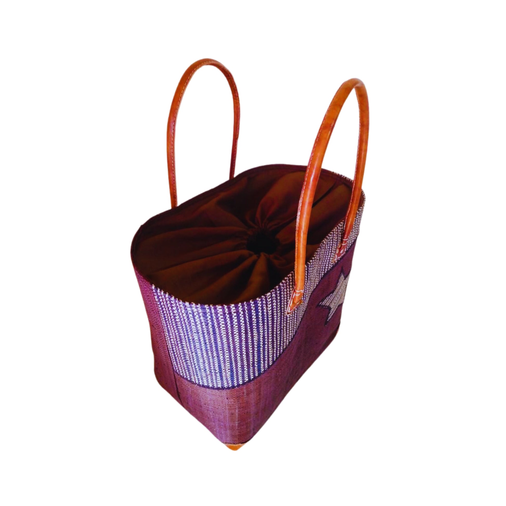 NatsNco handmade raffia, women,brown basket with star embroidery and leather handle & drawstring closure. Made in Madagascar