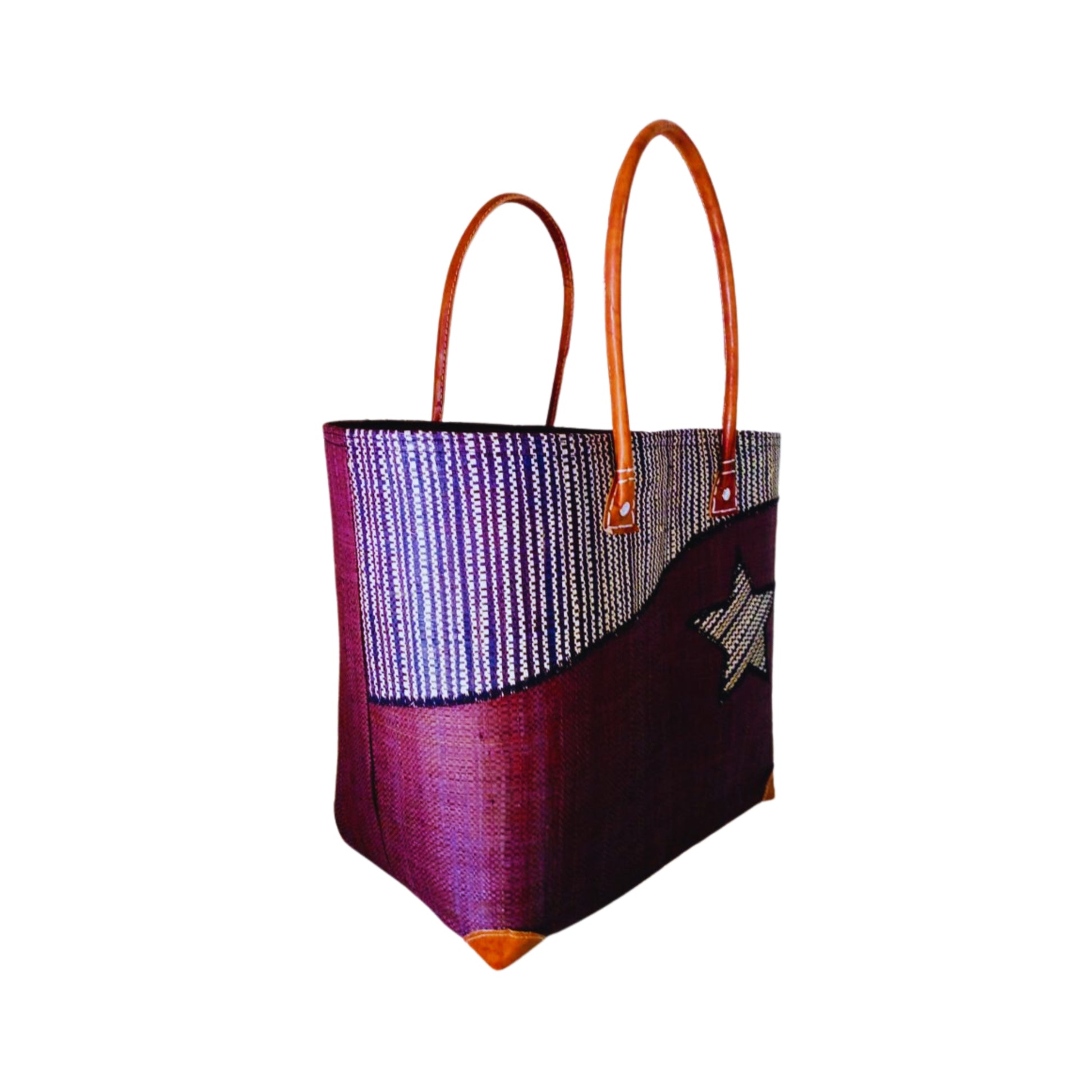 NatsNco handmade raffia, women,brown basket with star embroidery and leather handle & drawstring closure. Made in Madagascar