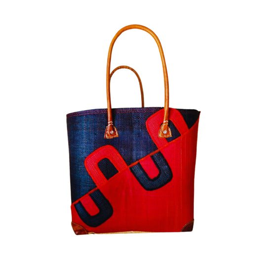 NatsNco handmade raffia, women,red and black basket with diagonal embroidery and leather handle & drawstring closure. Made in Madagascar