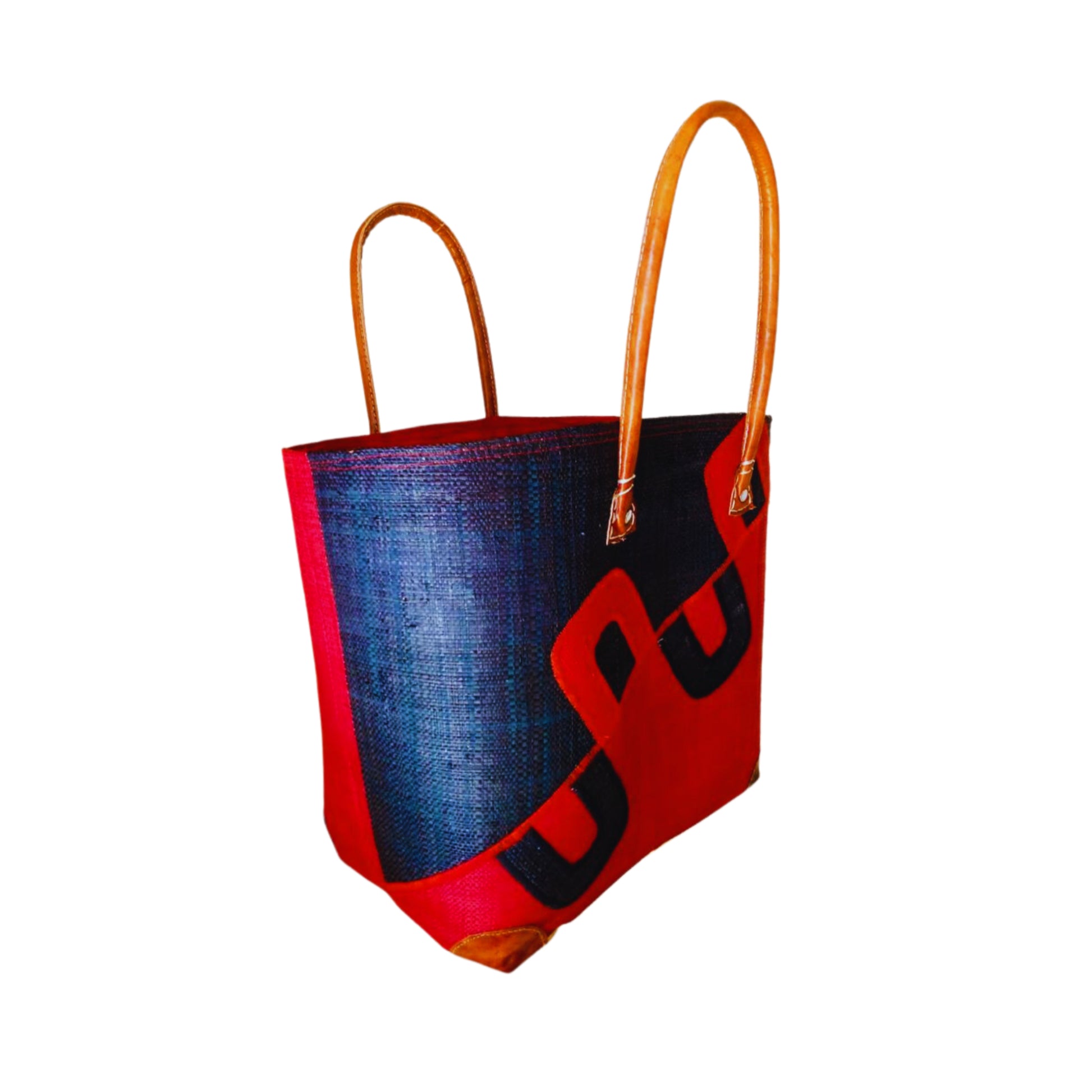 NatsNco handmade raffia, women,red and black basket with diagonal embroidery and leather handle & drawstring closure. Made in Madagascar