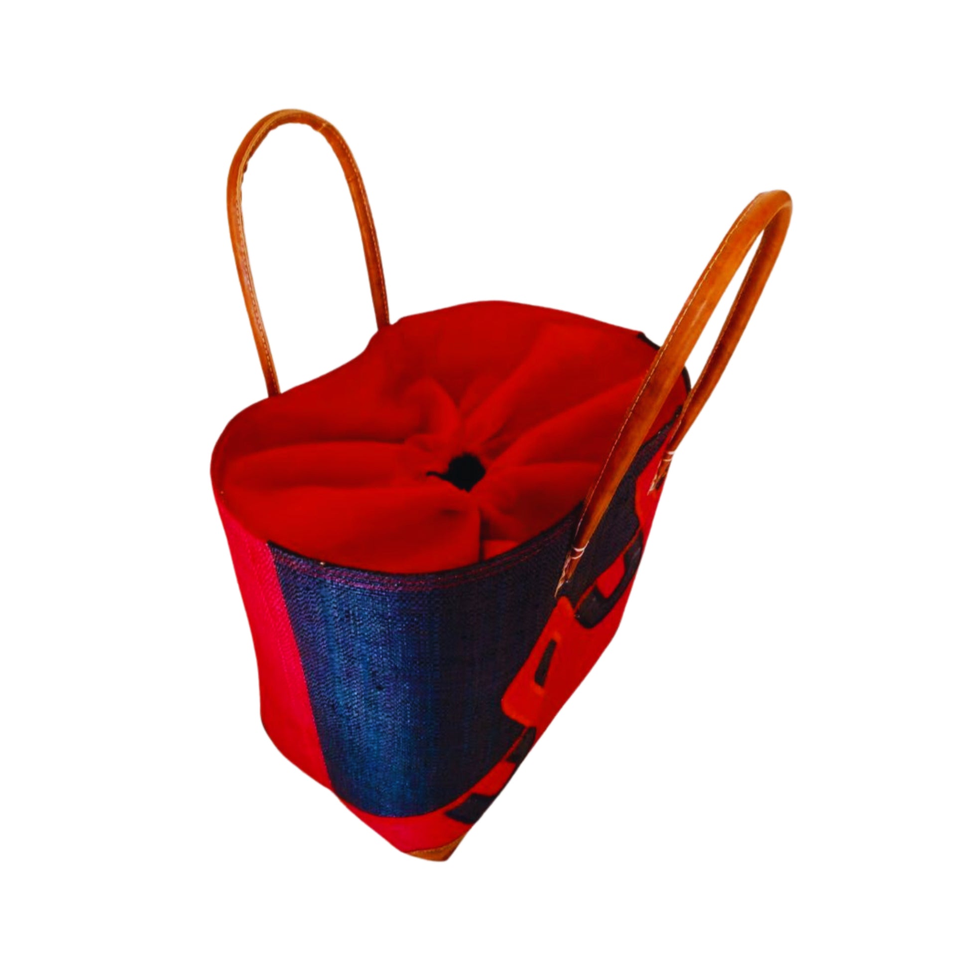 NatsNco handmade raffia, women,red and black basket with diagonal embroidery and leather handle & drawstring closure. Made in Madagascar