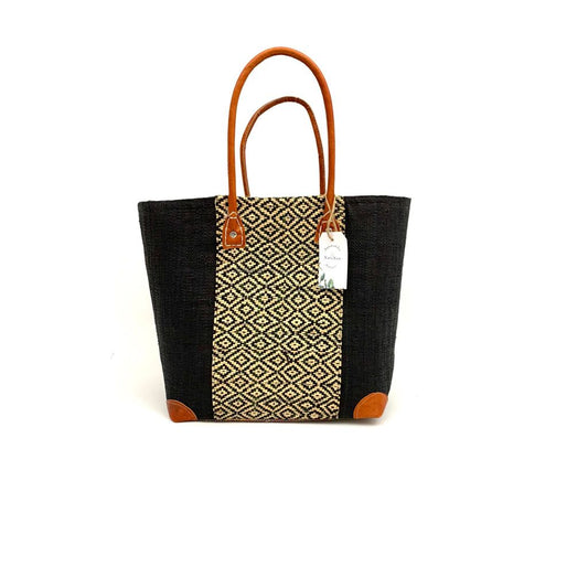 Handmade black raffia women's classy handbag with boho design,pockets & leather handle. Made in  Madagascar with love