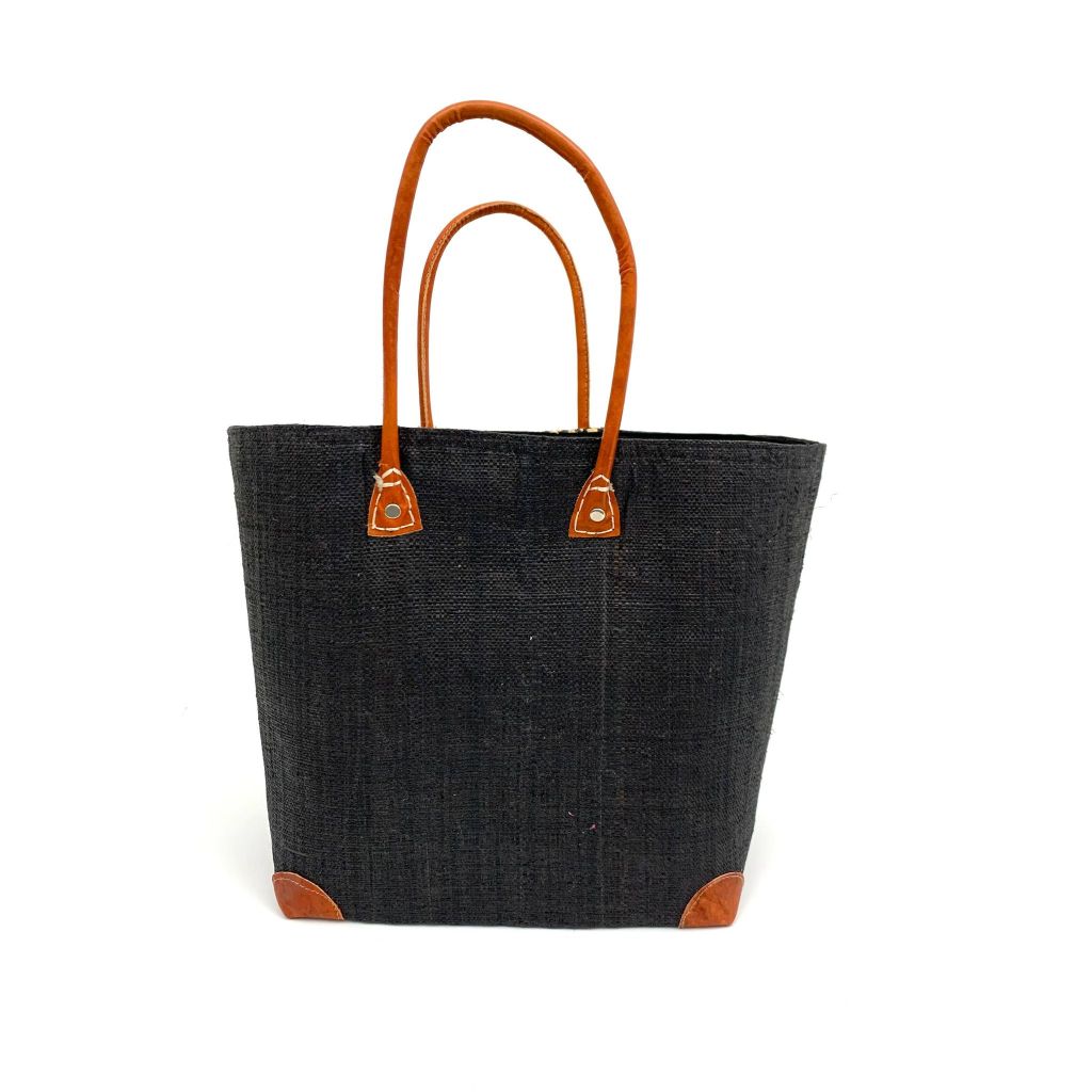 Handmade black raffia women's classy handbag with boho design,pockets & leather handle. Made in  Madagascar with love