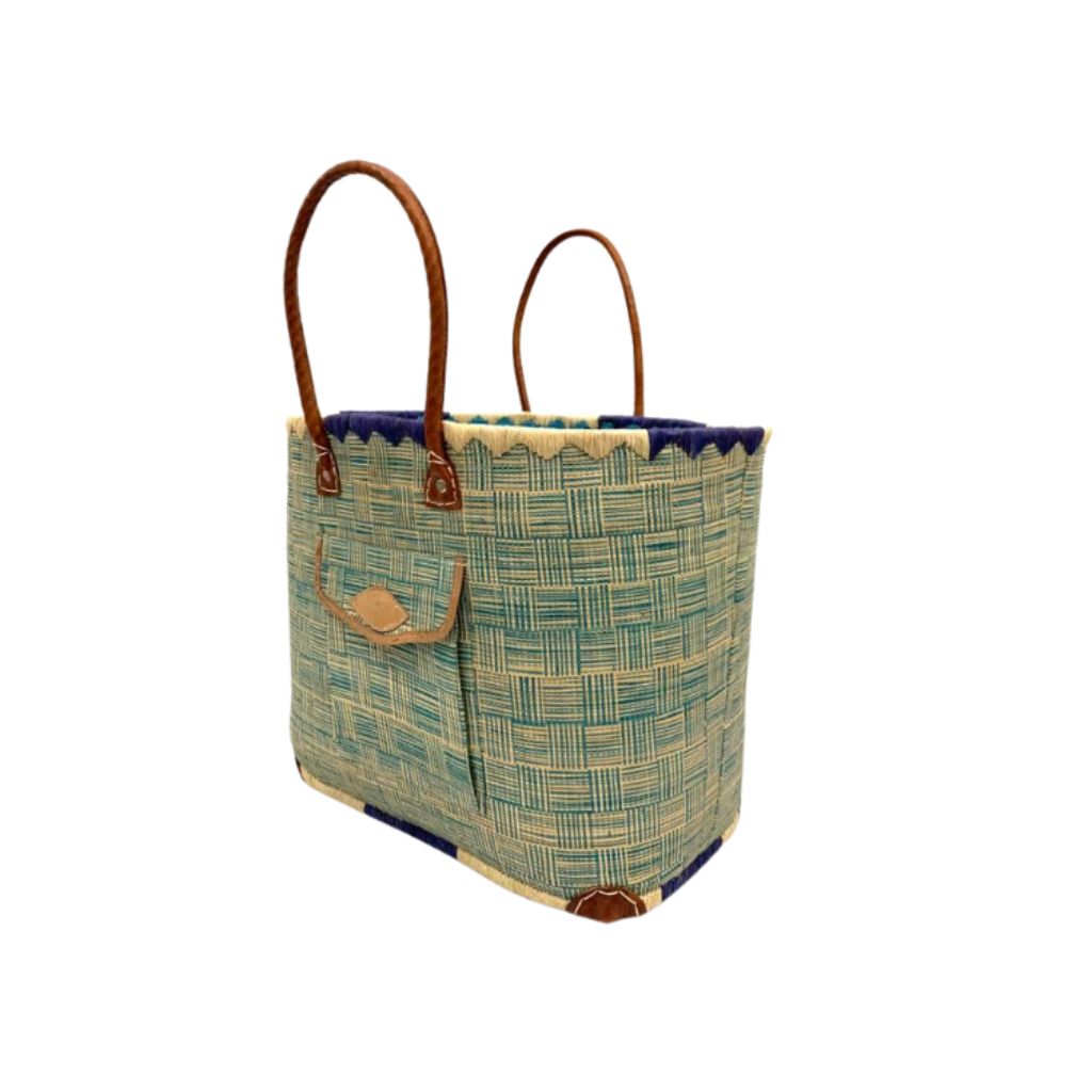 Handmade blue raffia women's classy handbag with outside and inside pockets & leather handle. Made with love in Madagascar