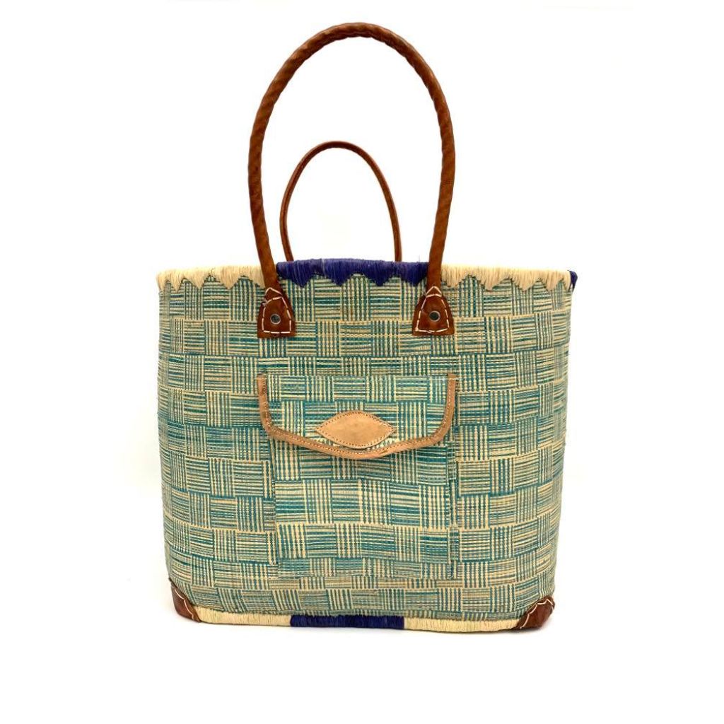 Handmade blue raffia women's classy handbag with outside and inside pockets & leather handle. Made with love in Madagascar