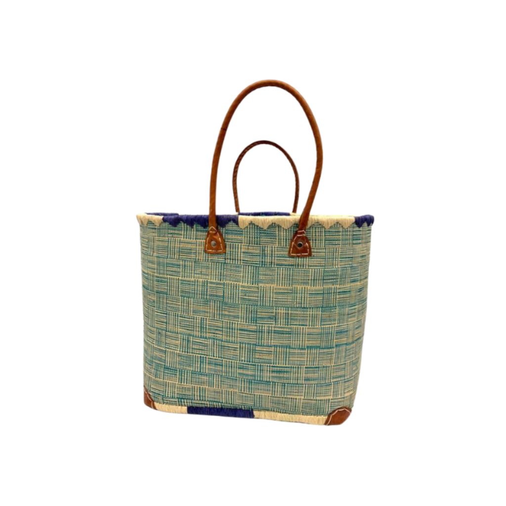 Handmade blue raffia women's classy handbag with outside and inside pockets & leather handle. Made with love in Madagascar