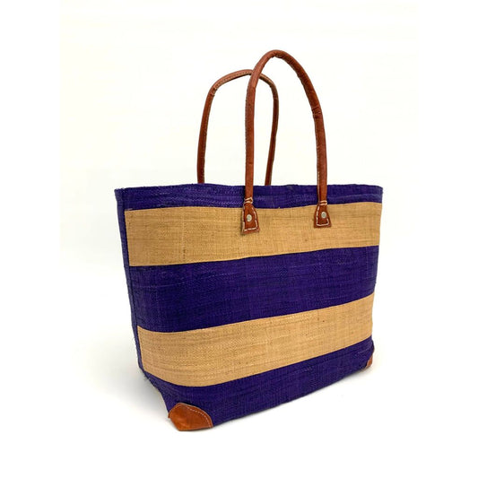 Handmade blue raffia women's classy handbag with stripes, inside pockets & leather handle. Made with love in Madagascar